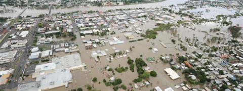 Aerial view of Bundaberg under flood water